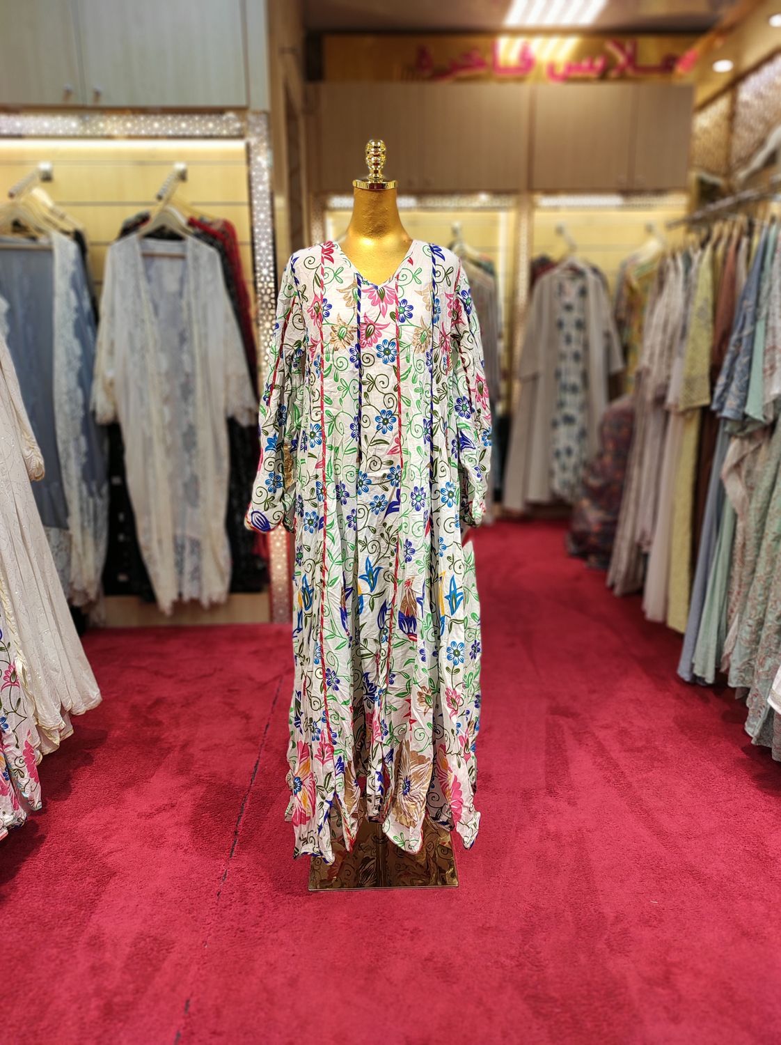 L/XL Meher White Printed Cotton Dress 57&quot; Long Jalabiya