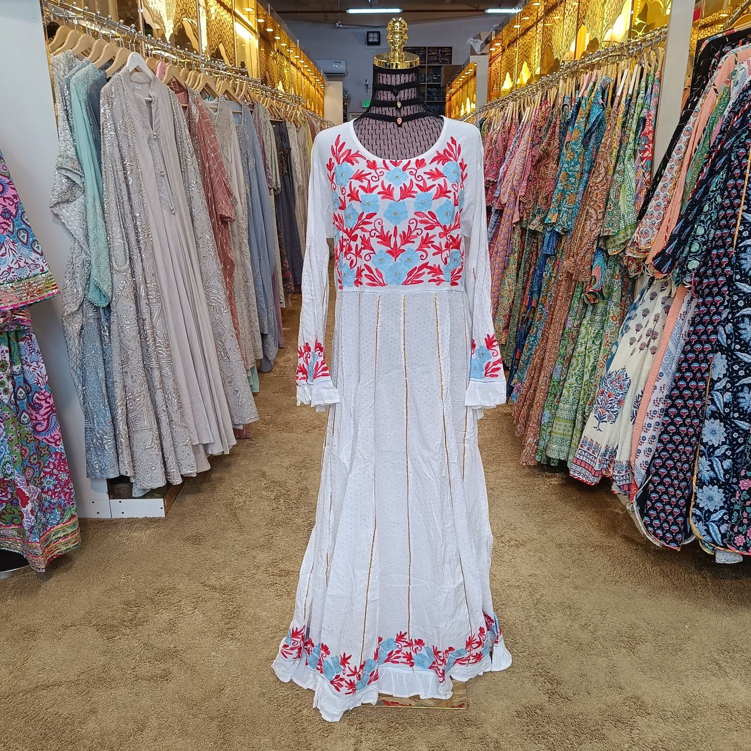L/XL Yaqu Crystal Embroidery White Cotton Dress 56&quot; Long Jalabiya
