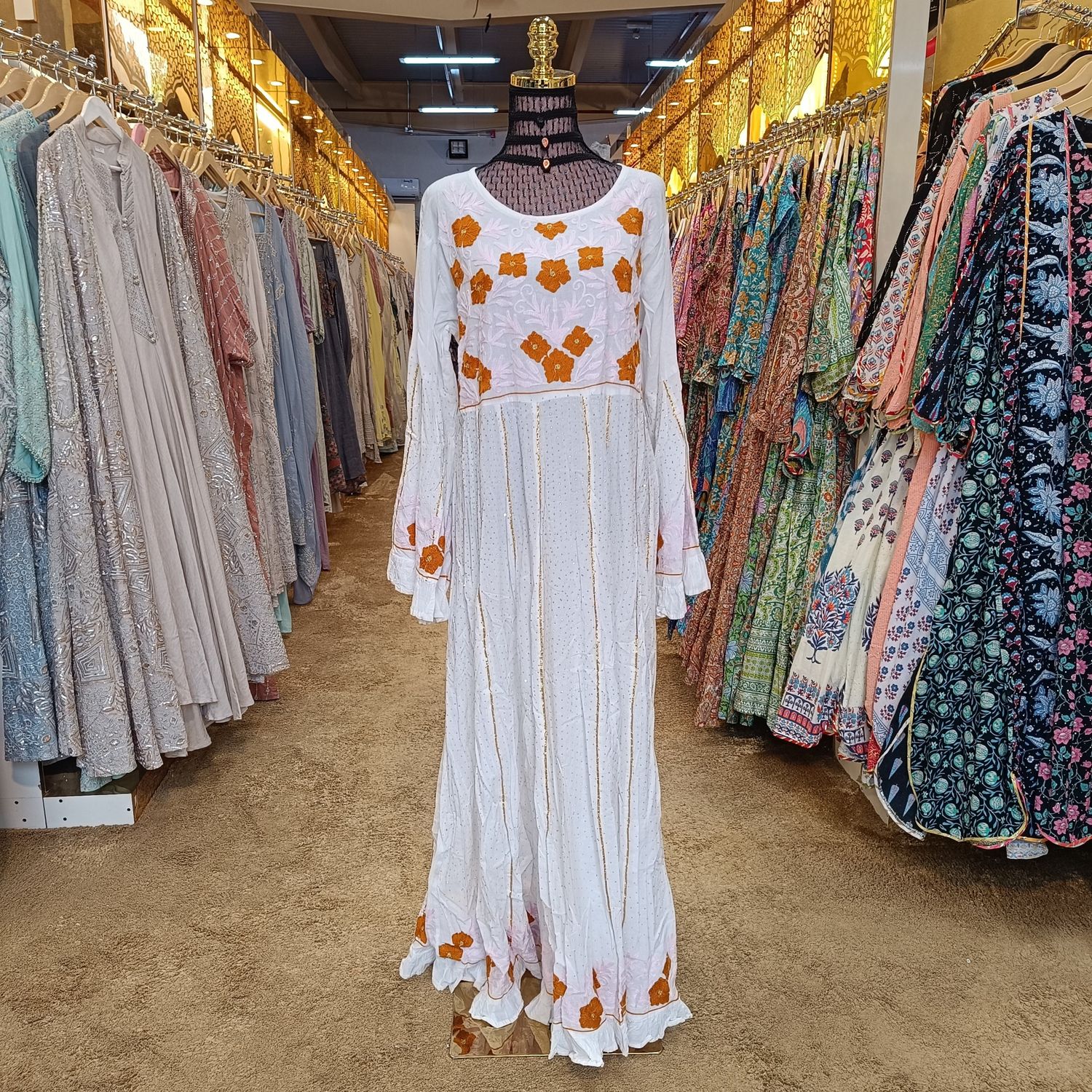L/XL Yaqu Crystal Embroidery White Cotton Dress 56&quot; Long Jalabiya