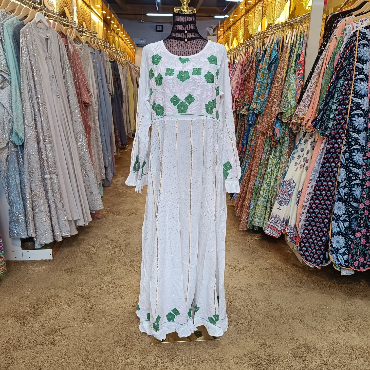 L/XL Yaqu Crystal Embroidery White Cotton Dress 56&quot; Long Jalabiya