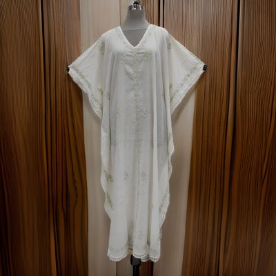 Free Size Farasha White Kaftan Embroidery Cotton Dress 56&quot; Long Jalabiya