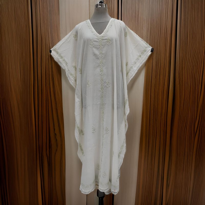 Free Size Farasha White Kaftan Embroidery Cotton Dress 56&quot; Long Jalabiya