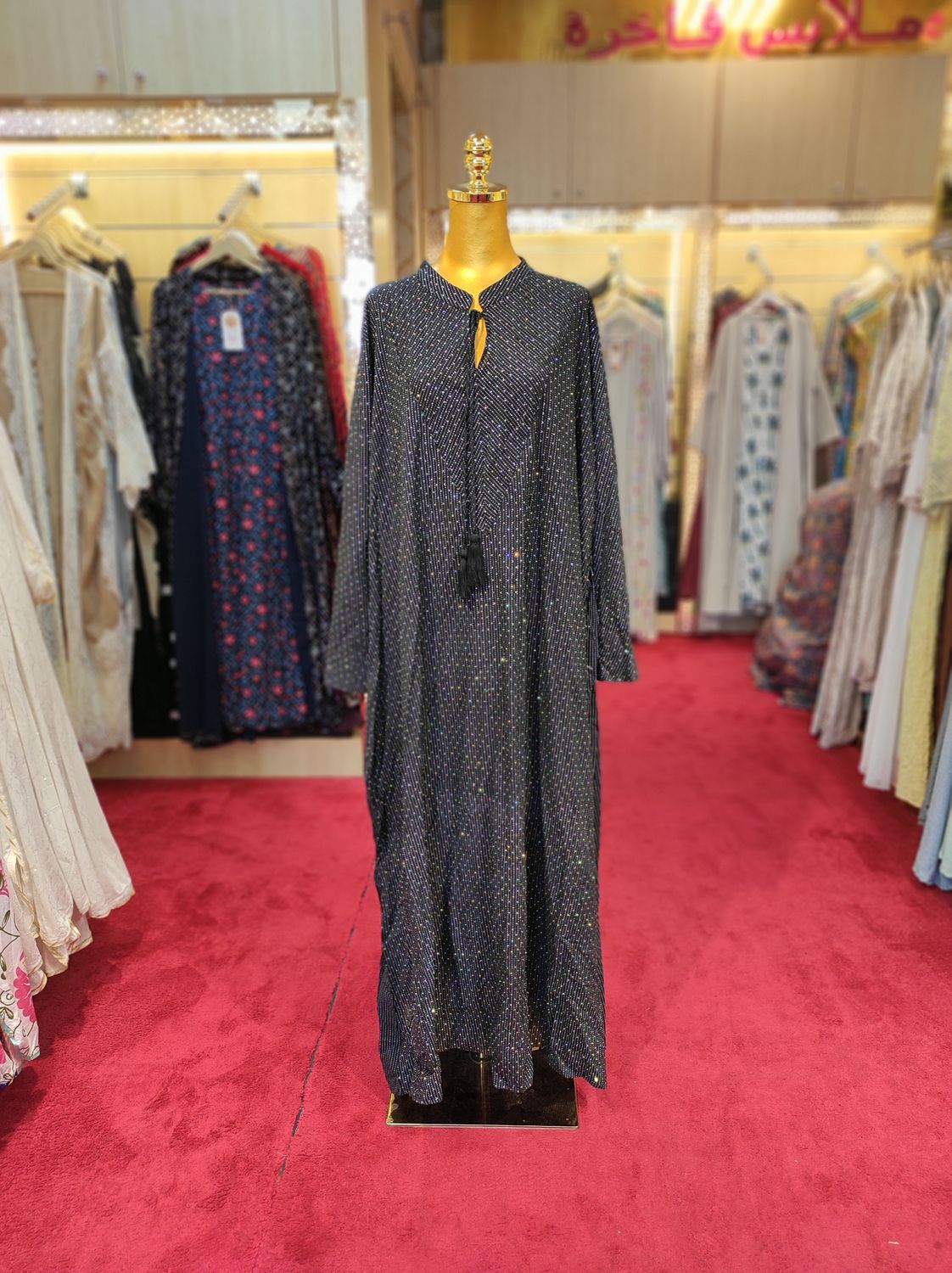 2XL/3XL Anisa Crystal Black Solid Cotton Dress 57&quot; Long Jalabiya