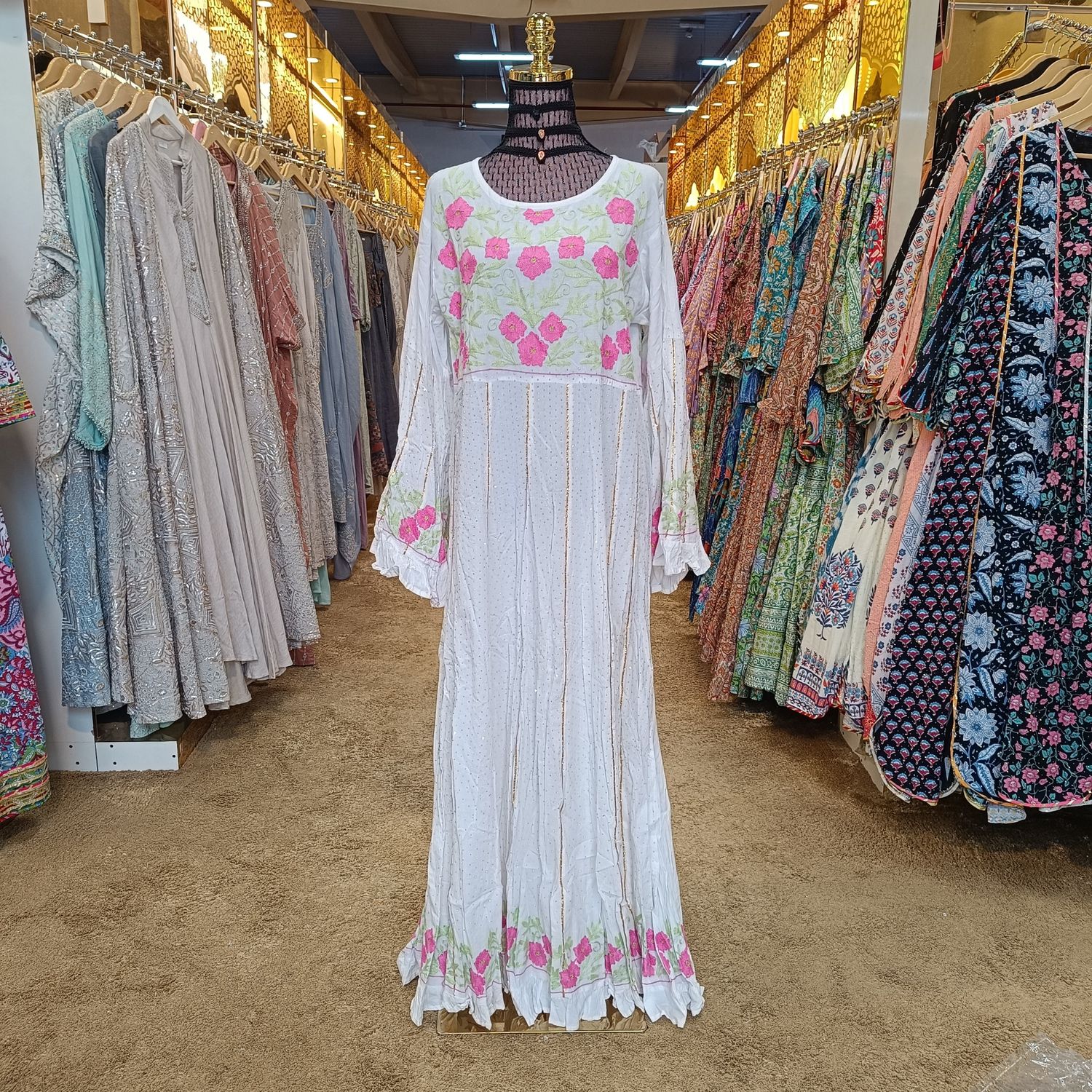 S/M Yaqu Crystal Embroidery White Cotton Dress 57&quot; Long Jalabiya