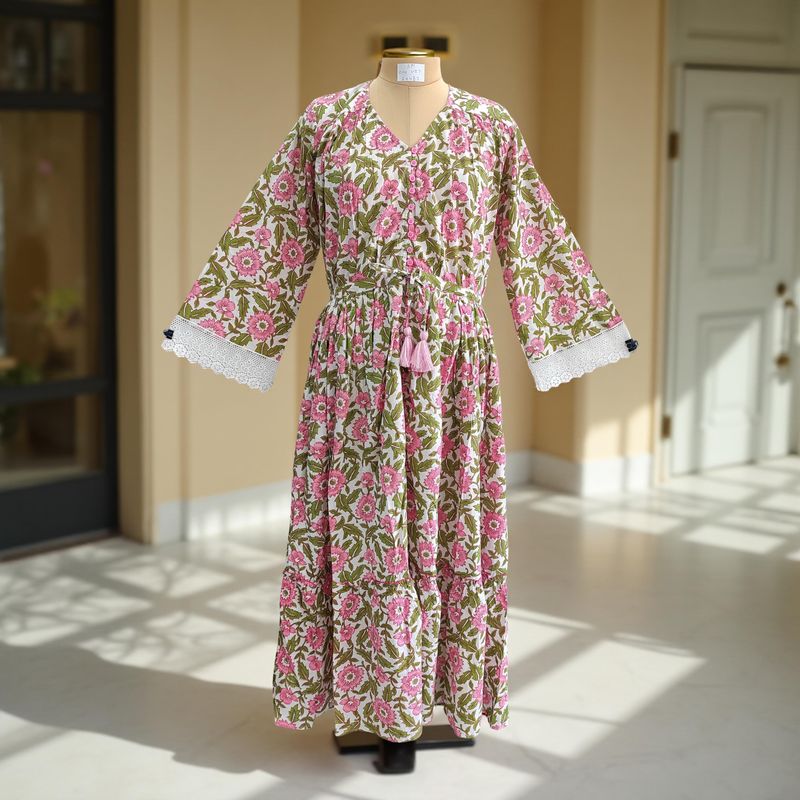 S/M Ari Printed Cotton Dress 57&quot; Long Jalabiya