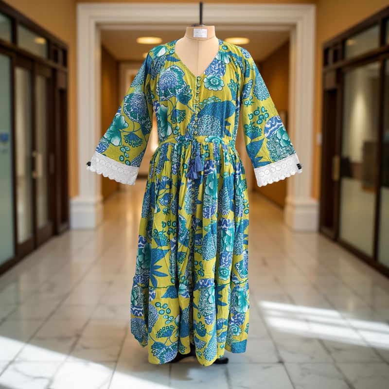 S/M Ari Printed Cotton Dress 57&quot; Long Jalabiya