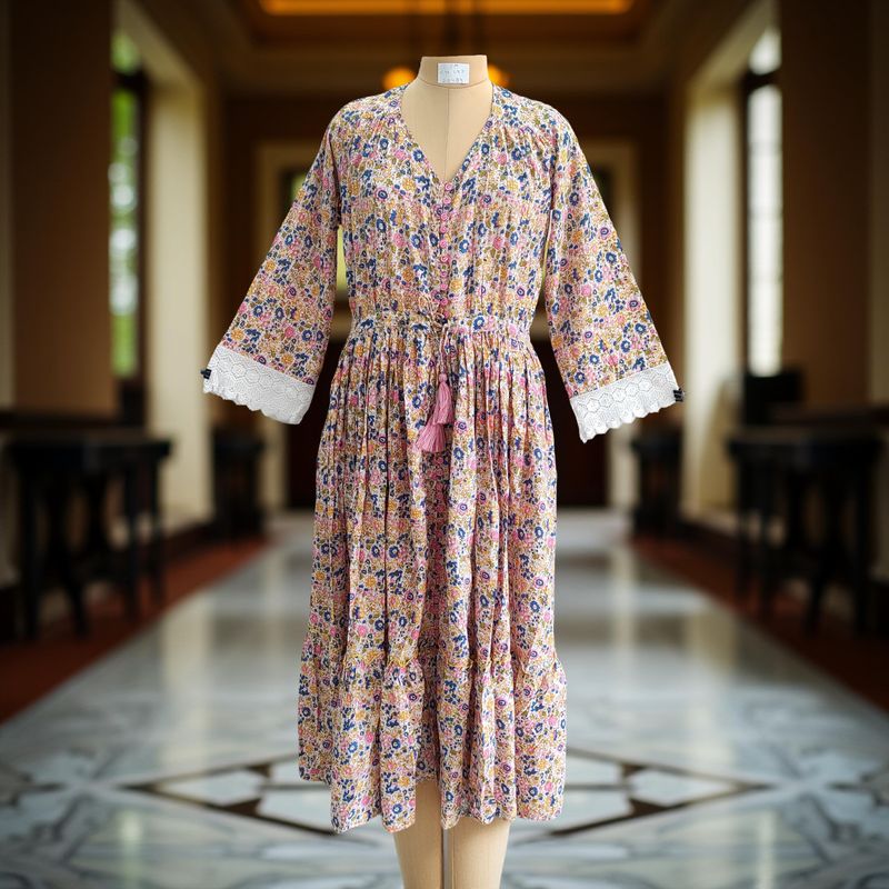S/M Ari Printed Cotton Dress 57&quot; Long Jalabiya