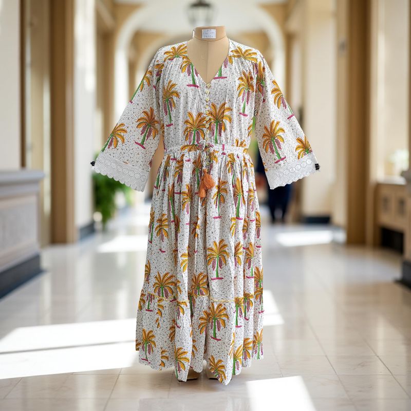 S/M Ari Printed Cotton Dress 57&quot; Long Jalabiya