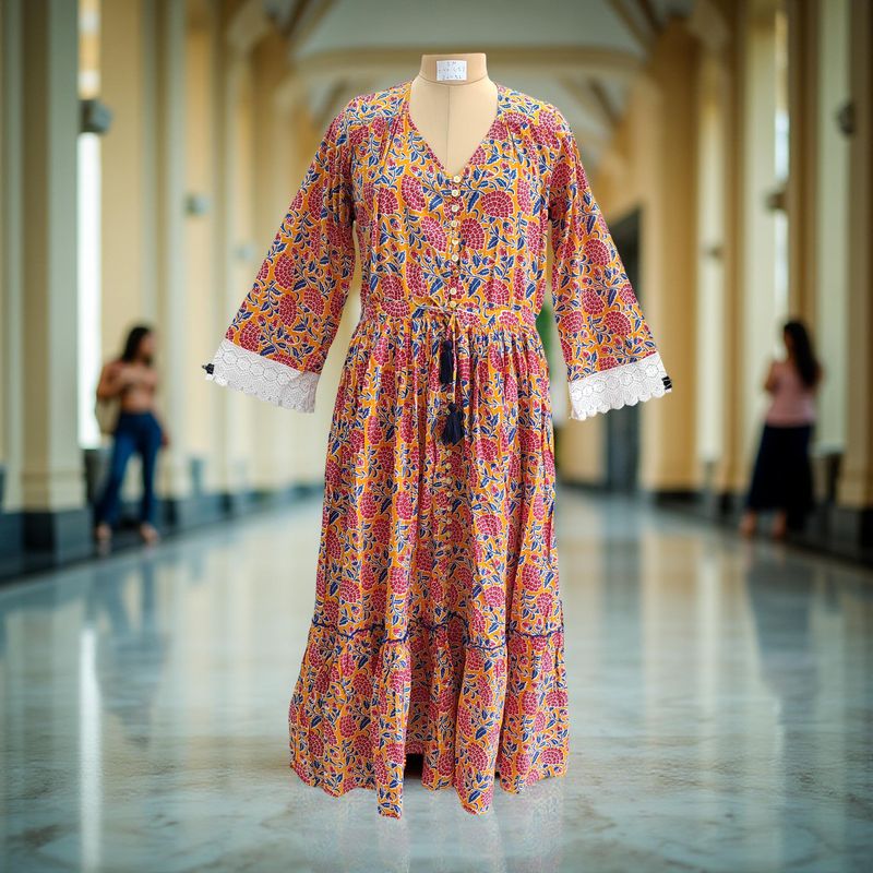 S/M Ari Printed Cotton Dress 57&quot; Long Jalabiya