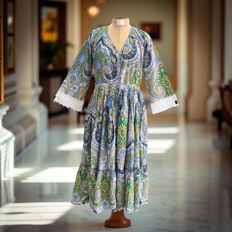 S/M Ari Printed Cotton Dress 57&quot; Long Jalabiya