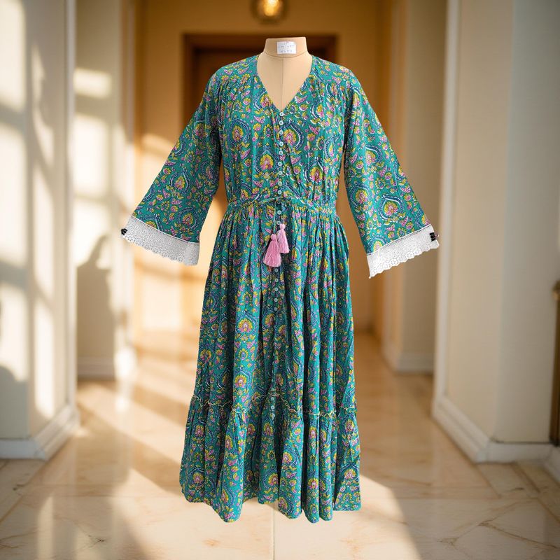 S/M Ari Printed Cotton Dress 57&quot; Long Jalabiya