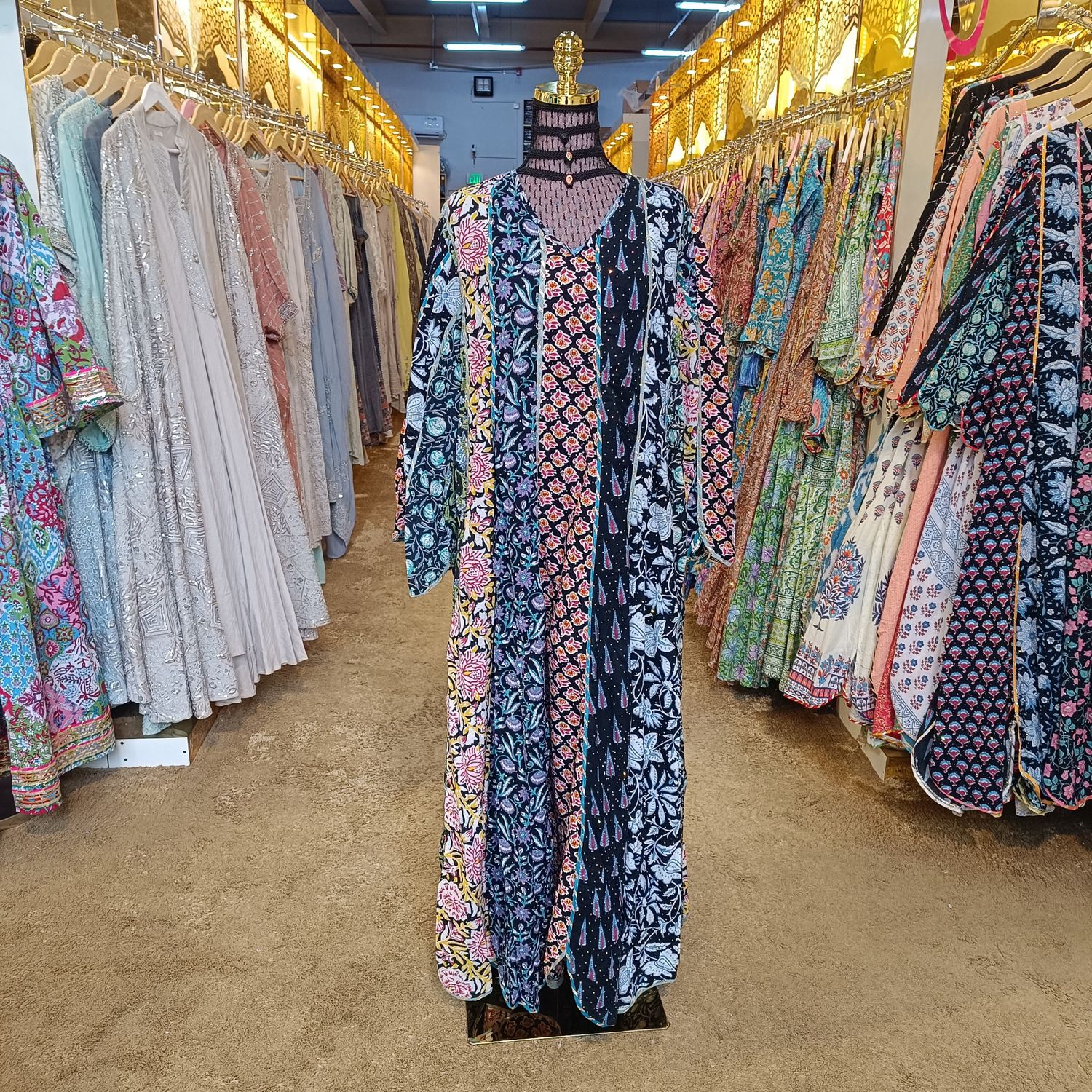 L/XL   Meher Crystal black multi color Cotton Dress 56&quot; Long Jalabiya