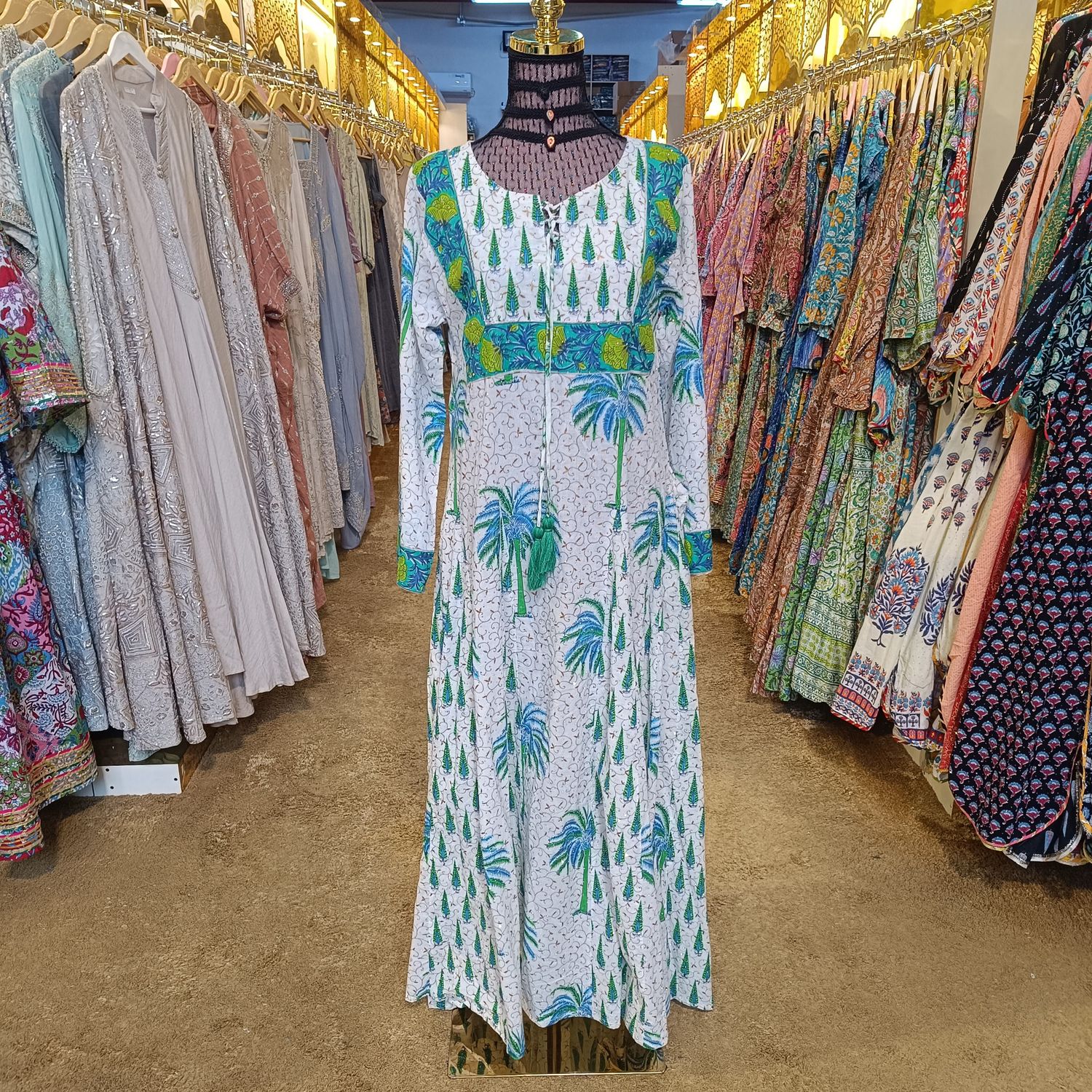 XS/S Anaya Crystal Blue Printed Cotton Dress 54&quot; Long Jalabiya