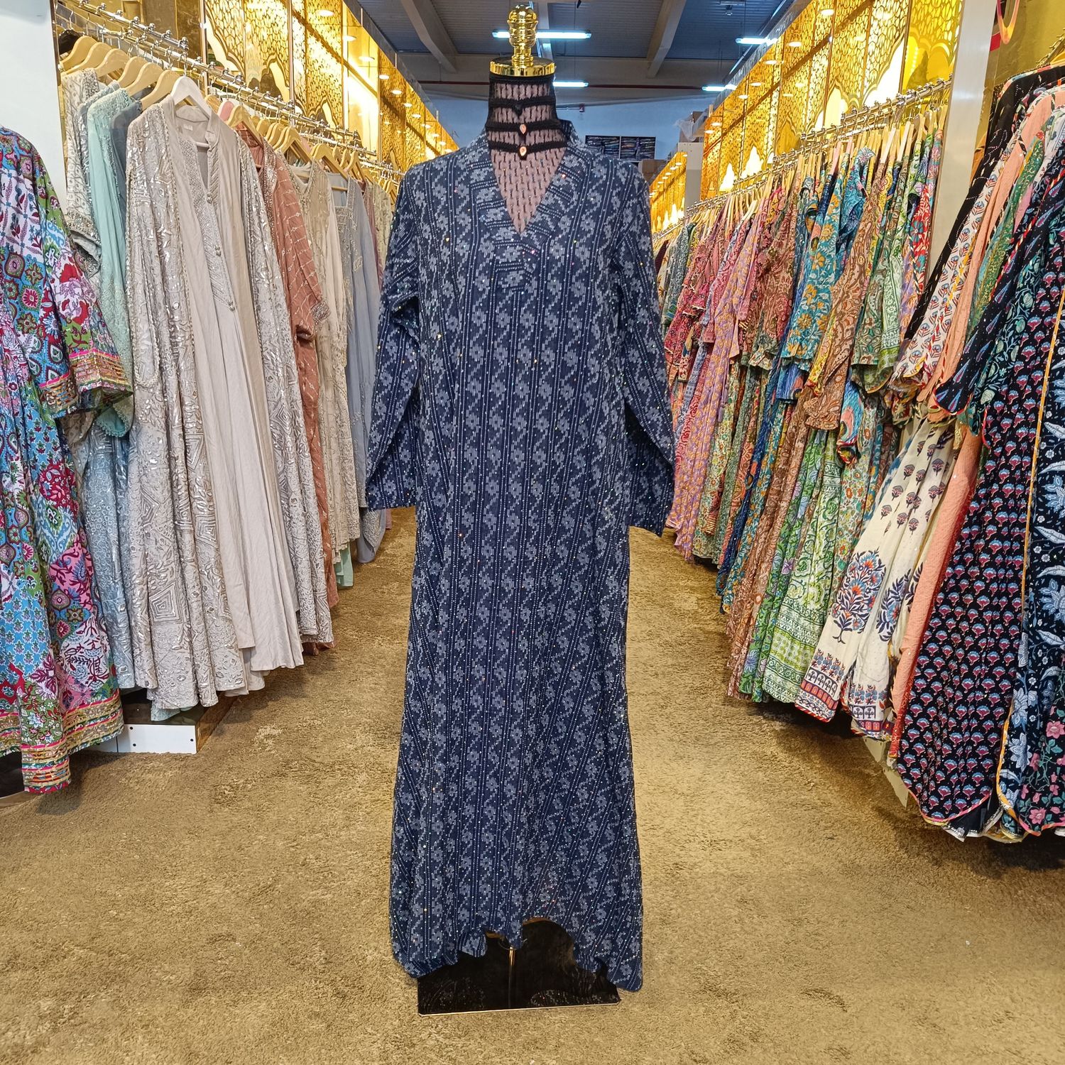 XS/S Teena Crystal Blue Cotton Dress 53&quot; Long Jalabiya