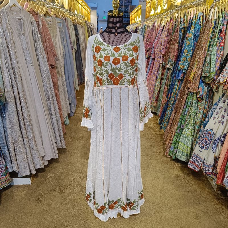 L/XL Yaqu Crystal Embroidery White Cotton Dress 56&quot; Long Jalabiya