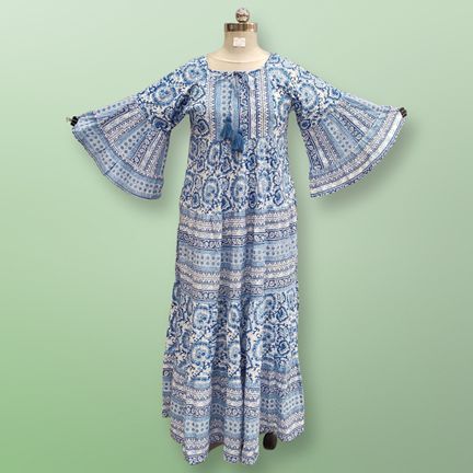 S/M Gaby Crystal Blue Printed Cotton Dress 57&quot; Long Jalabiya