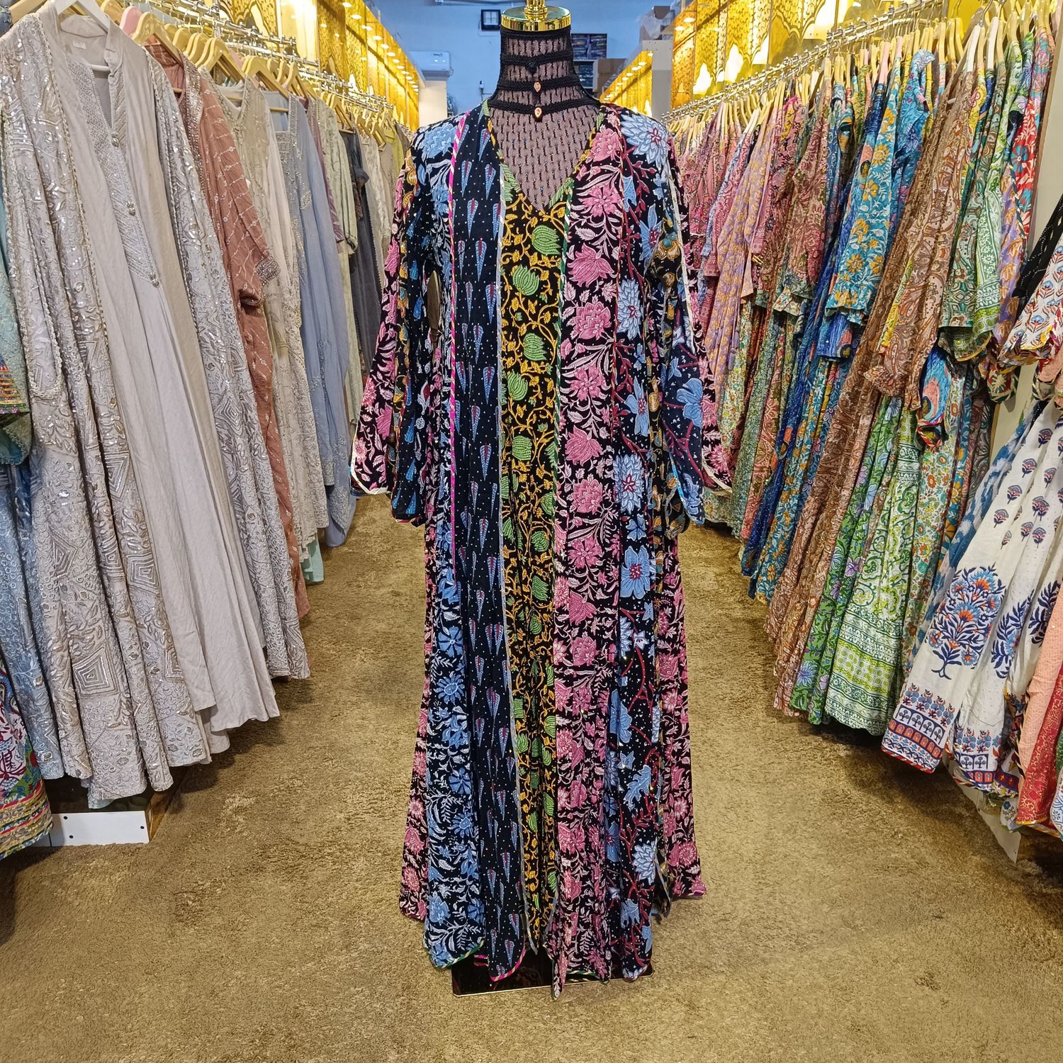 S/M Meher Crystal Multi Printed Cotton Dress 56&quot; Long Jalabiya