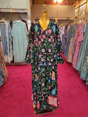 L/XL Meher Crystal Black Printed Cotton Dress 57&quot; Long Jalabiya