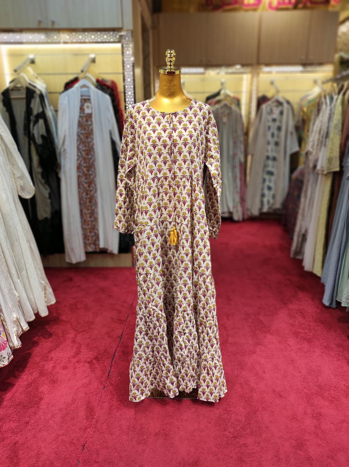 S/M Razia Printed Cotton Dress 57&quot; long Sleeves Jalabiya