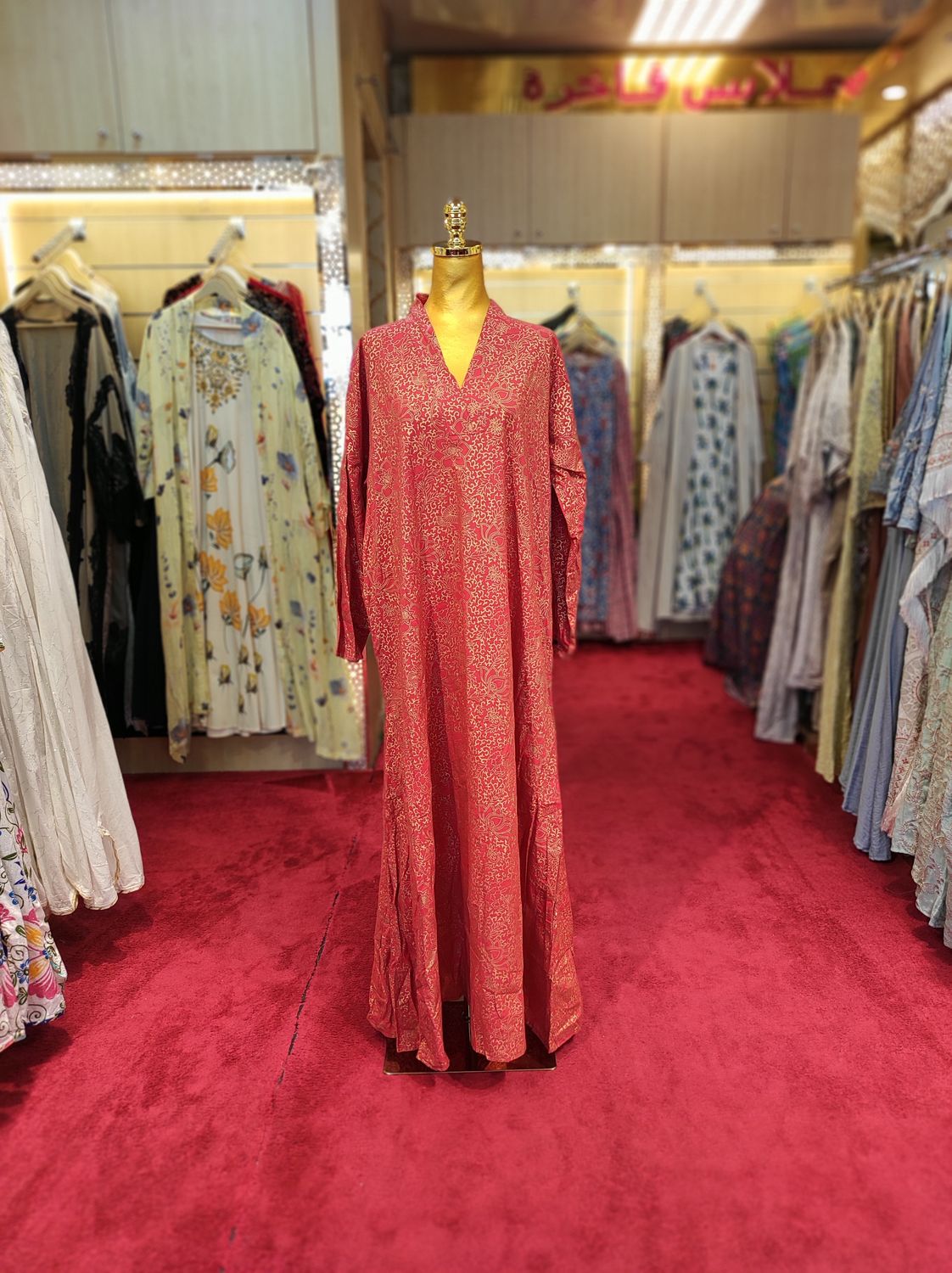 L/XL Teena Red And Gold Printed Cotton Dress 57&quot; Long Jalabiya