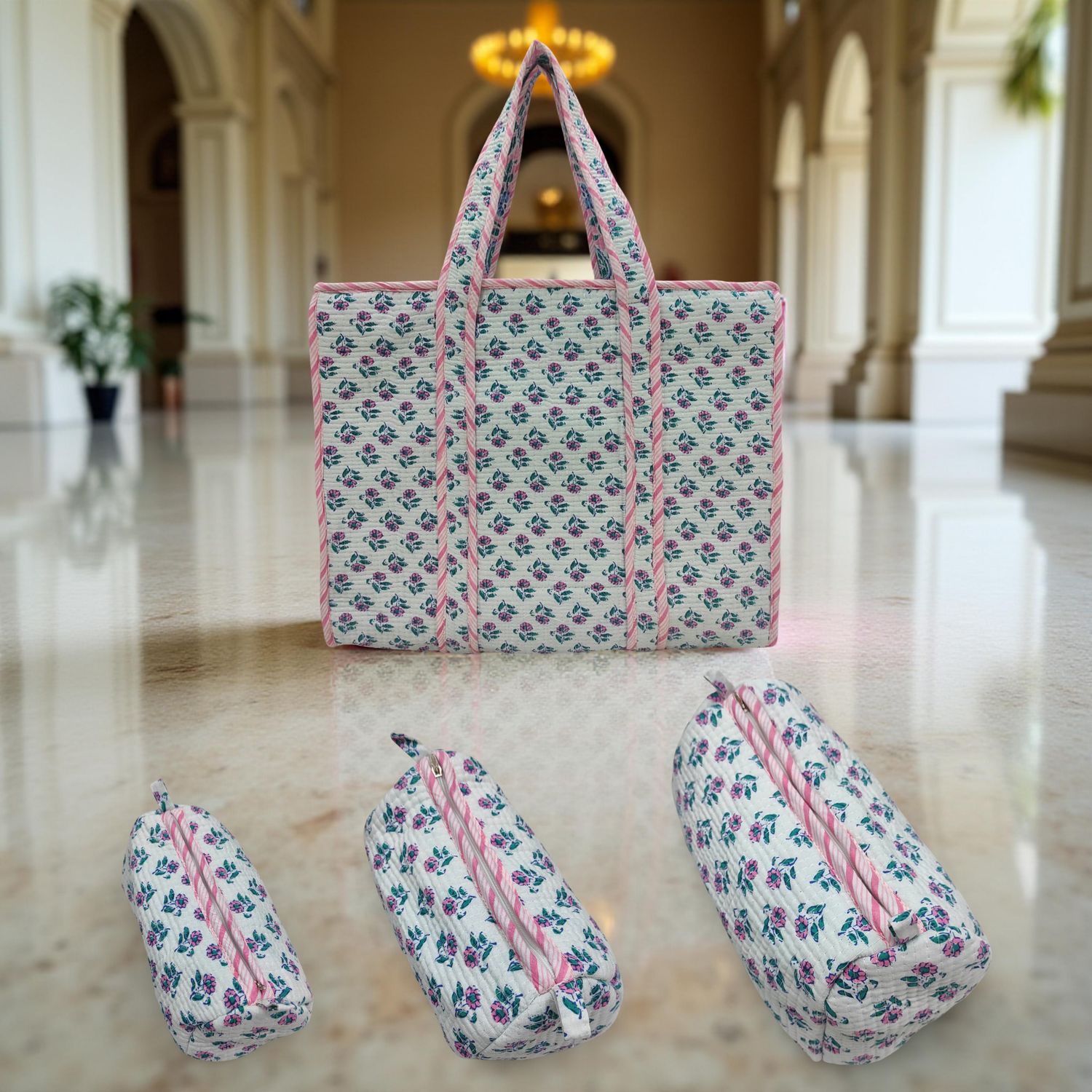 Cotton 1 Tote Bag with 3 Pcs Cosmetic Purses Set 05