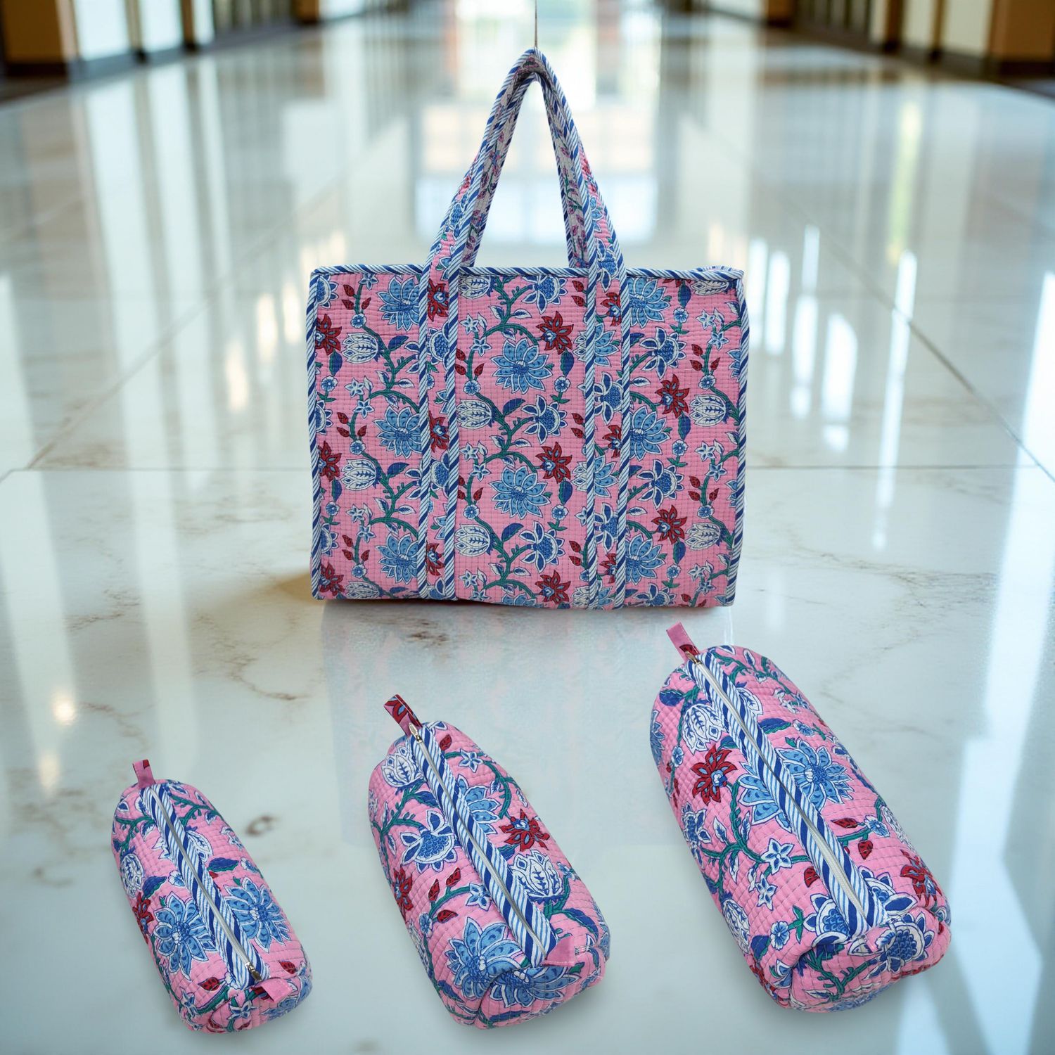 Cotton 1 Tote Bag with 3 Pcs Cosmetic Purses Set 04