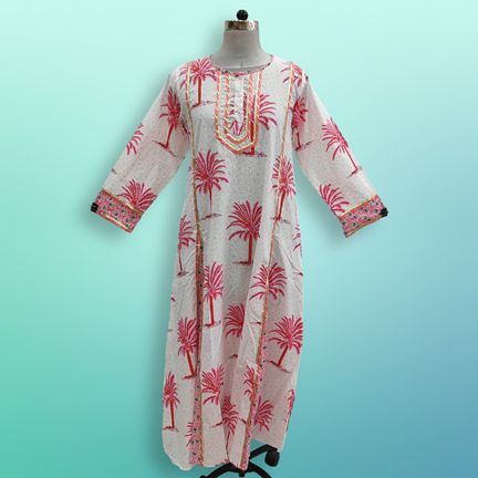L/XL Ejlal Printed Cotton Dress 57&quot; Long Jalabiya
