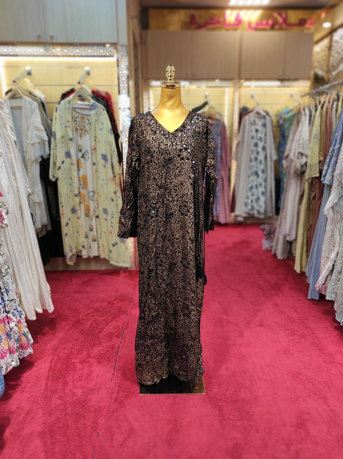L/XL Qifa Black Gold Printed Cotton Dress 57&quot; Long Jalabiyas