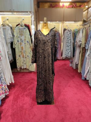 L/XL Qifa Black Gold Printed Cotton Dress 57&quot; Long Jalabiyas