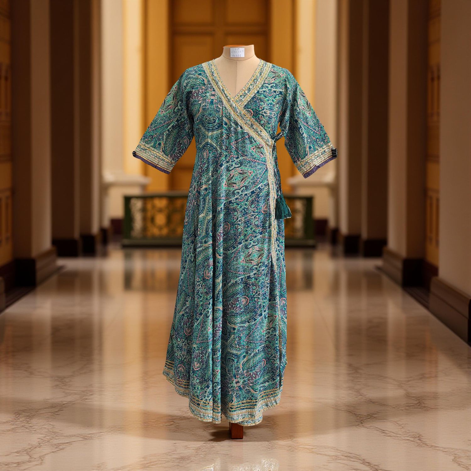 S/M Priam Printed Silk Crystal Dress 57&quot; Long Jalabiya