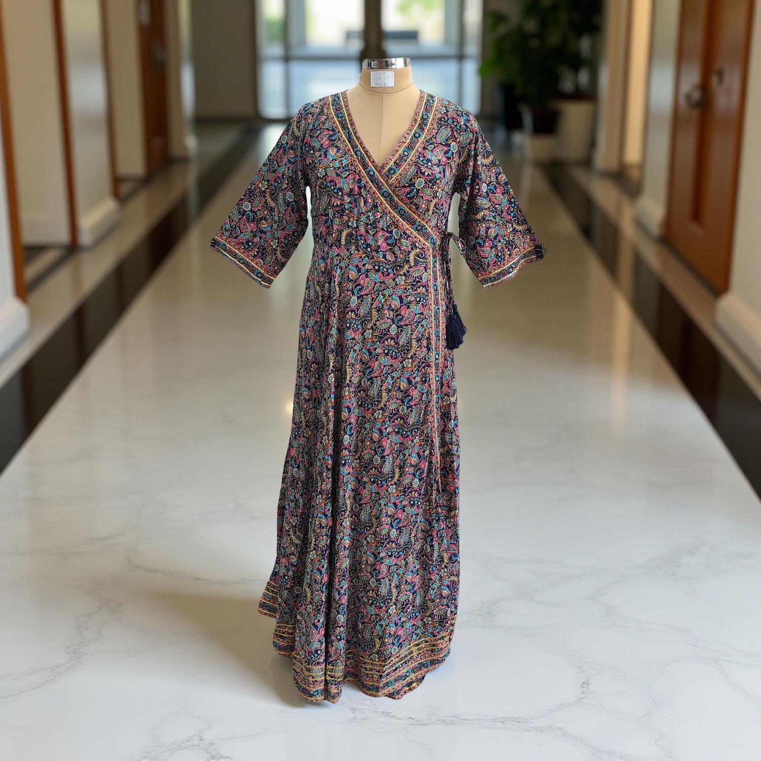 S/M Priam Printed Silk Crystal Dress 57&quot; Long Jalabiya