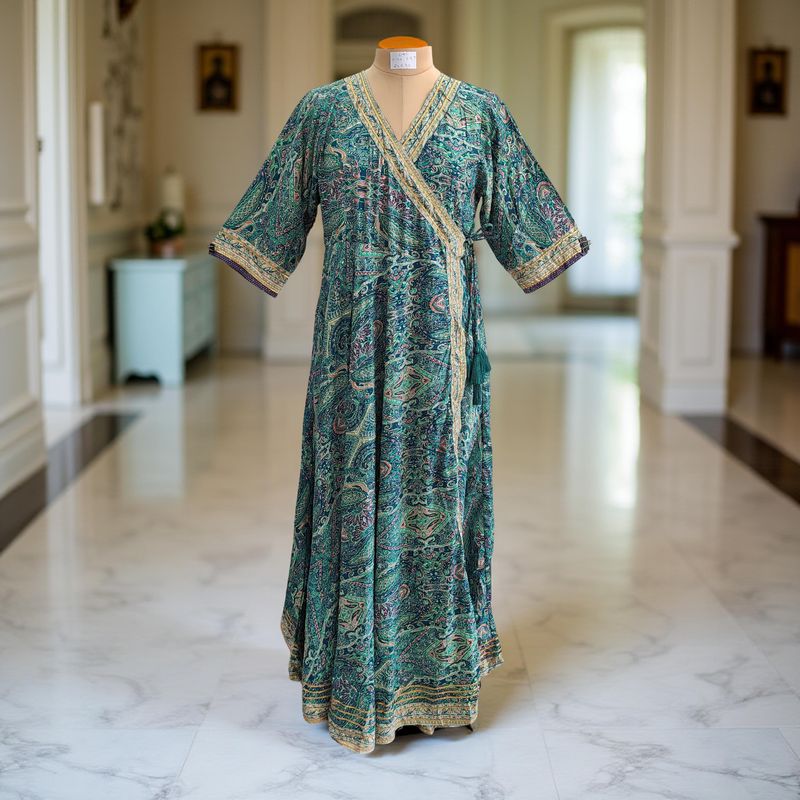 L/XL Priam Printed Silk Crystal Dress 57&quot; Long Jalabiya