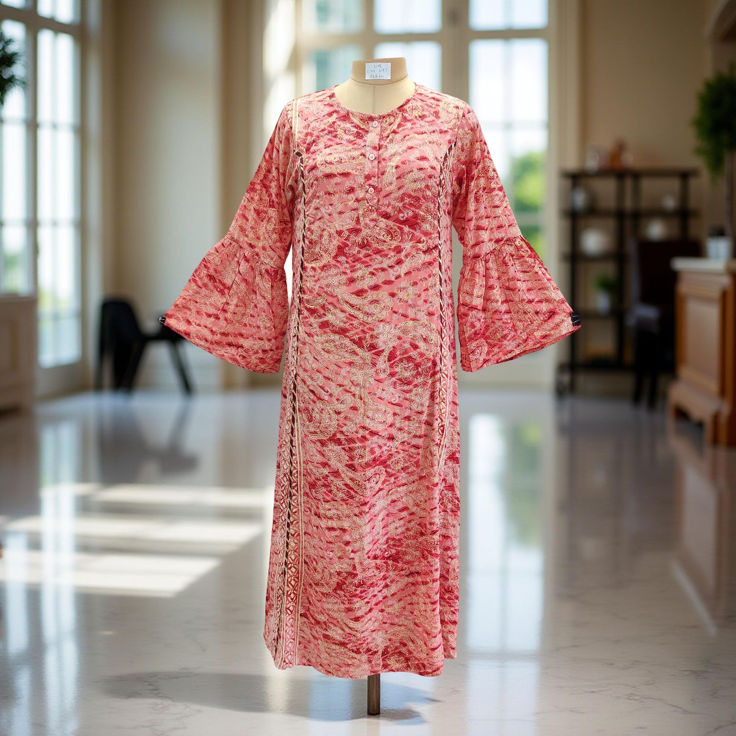 L/XL Marry Silk Crystal Printed  Dress 57&quot; Long Jalabiya