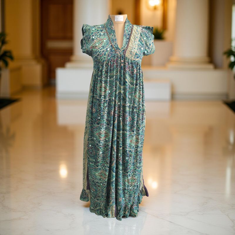 S/M Amani Silk Crystal Printed  Dress 57&quot; Long Jalabiya
