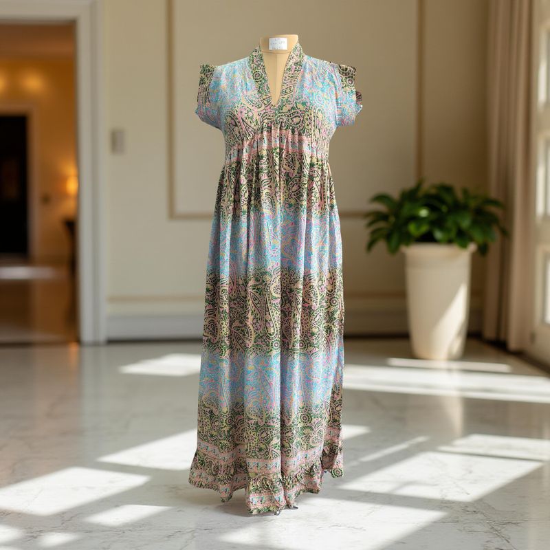 S/M Amani Silk Crystal Printed  Dress 57&quot; Long Jalabiya