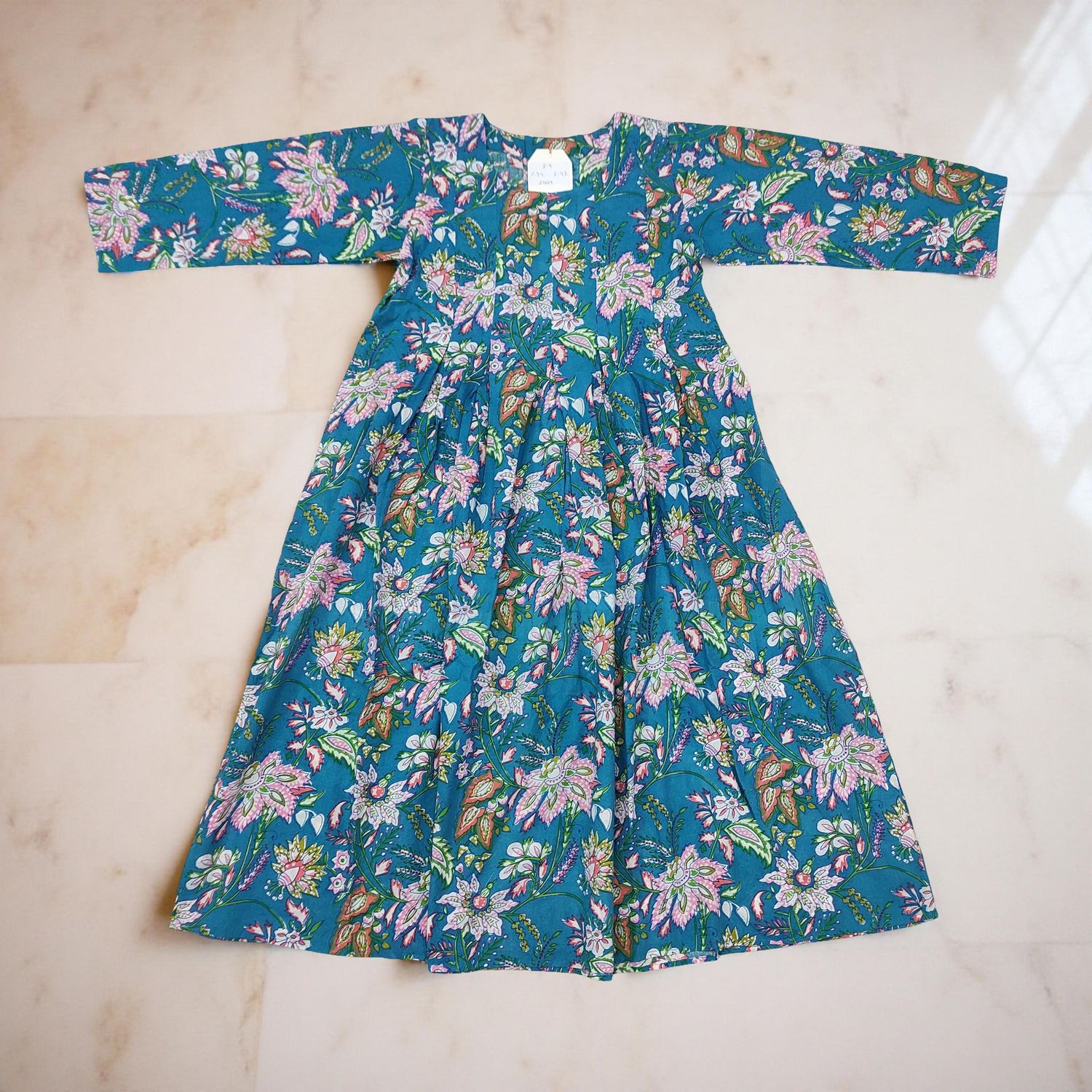 8-9 Year Ruby Blue Printed Cotton Girls Dress 42&quot; Long Jalabiya