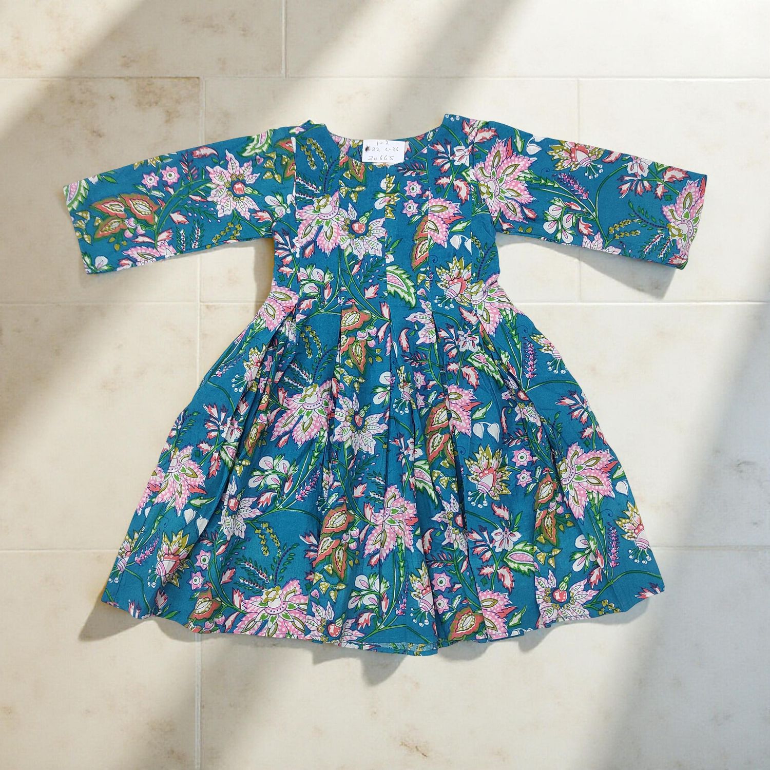 1-2 Year Ruby Blue Printed Cotton Girls Dress 26&quot; Long Jalabiya