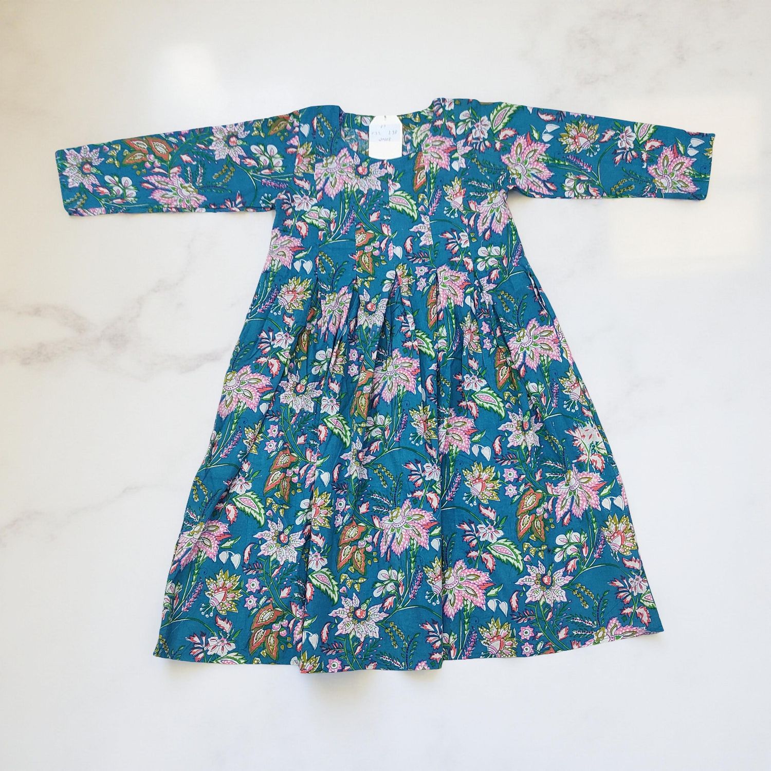6-7  Year Ruby Blue Printed Cotton Girls Dress 38&quot; Long Jalabiya