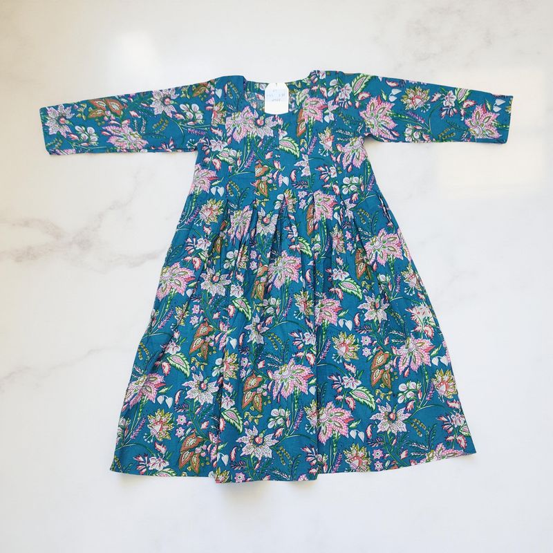 6-7  Year Ruby Blue Printed Cotton Girls Dress 38&quot; Long Jalabiya