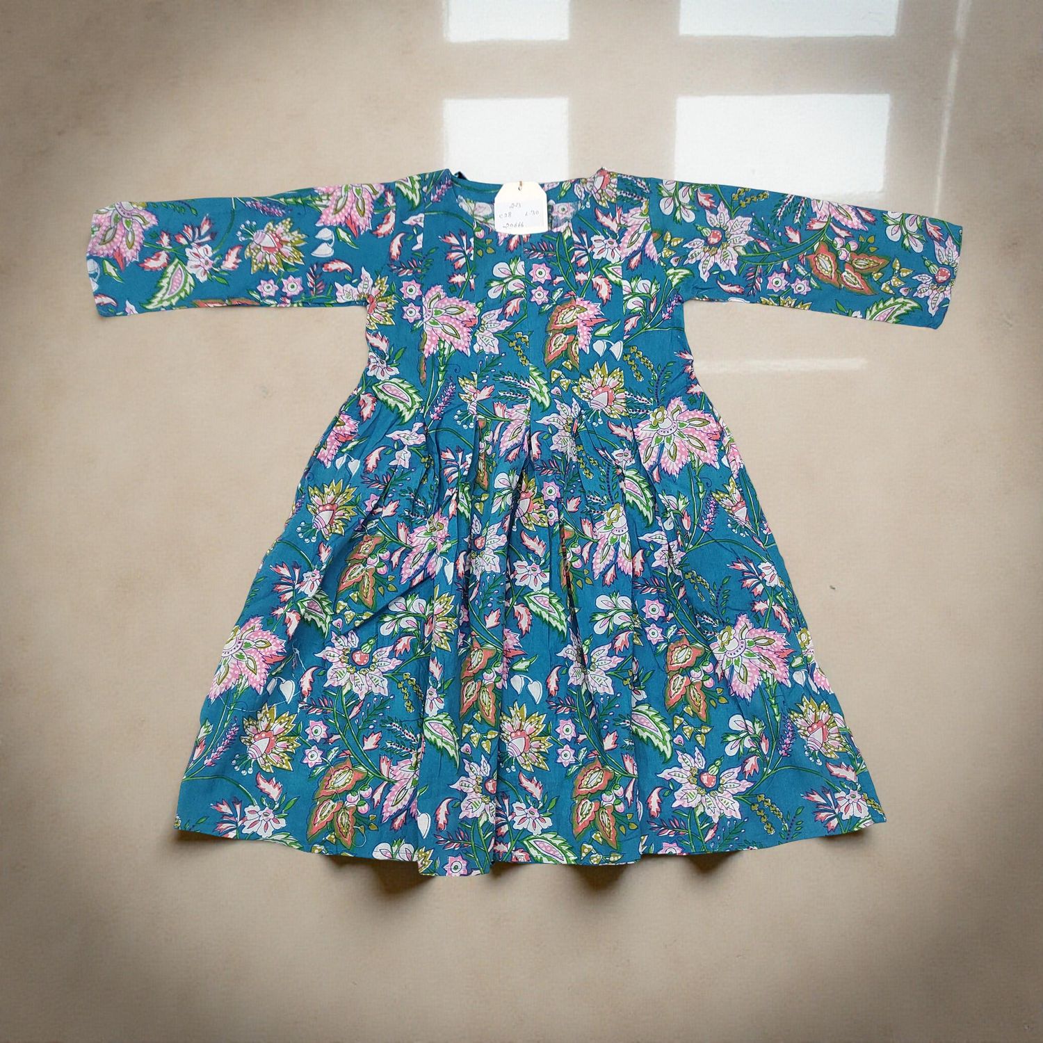 2-3 Year Ruby Blue Printed Cotton Girls Dress 30&quot; Long Jalabiya