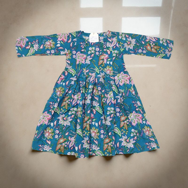 2-3 Year Ruby Blue Printed Cotton Girls Dress 30&quot; Long Jalabiya