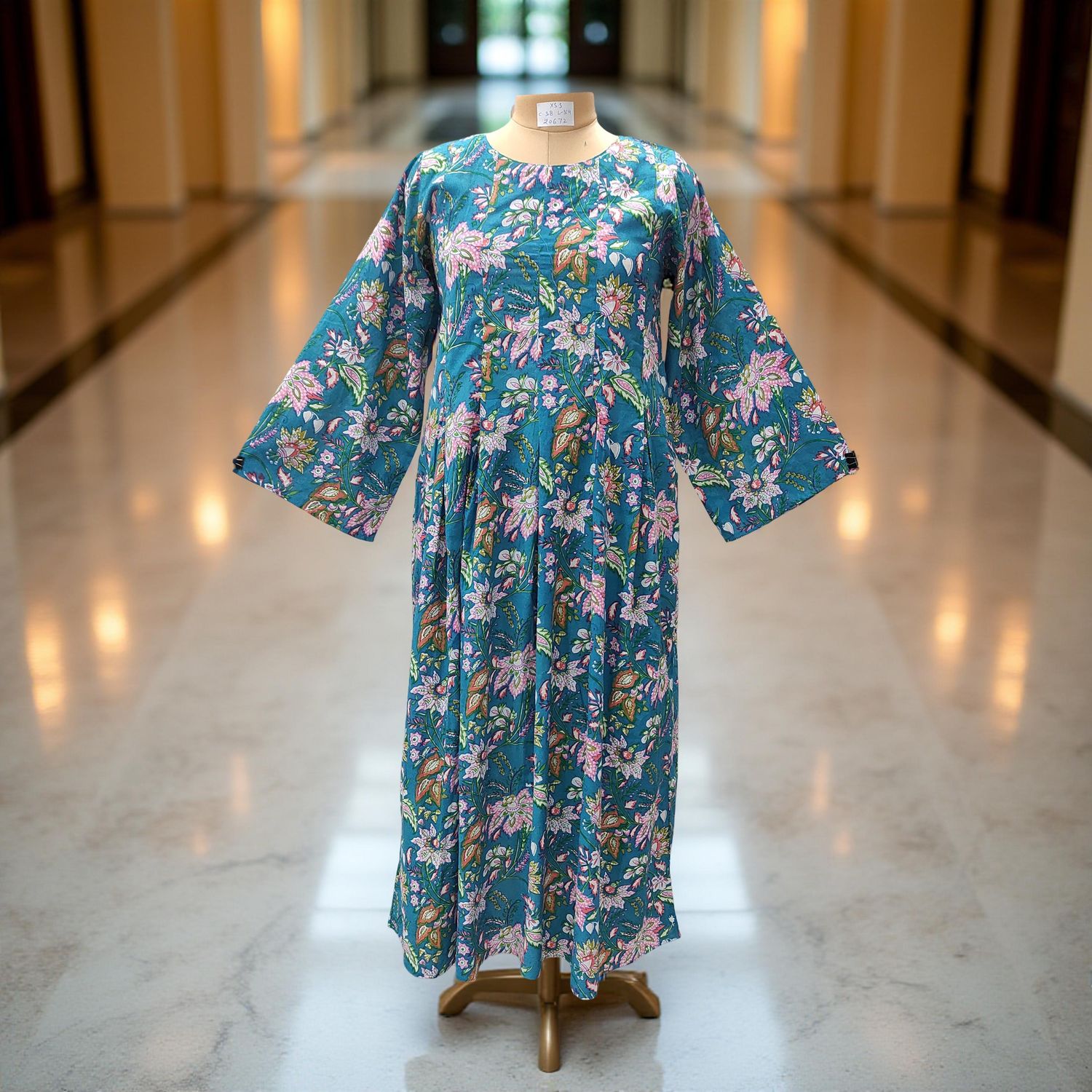 XS/S Ruby Blue Printed Cotton Dress 54&quot; Long Jalabiya