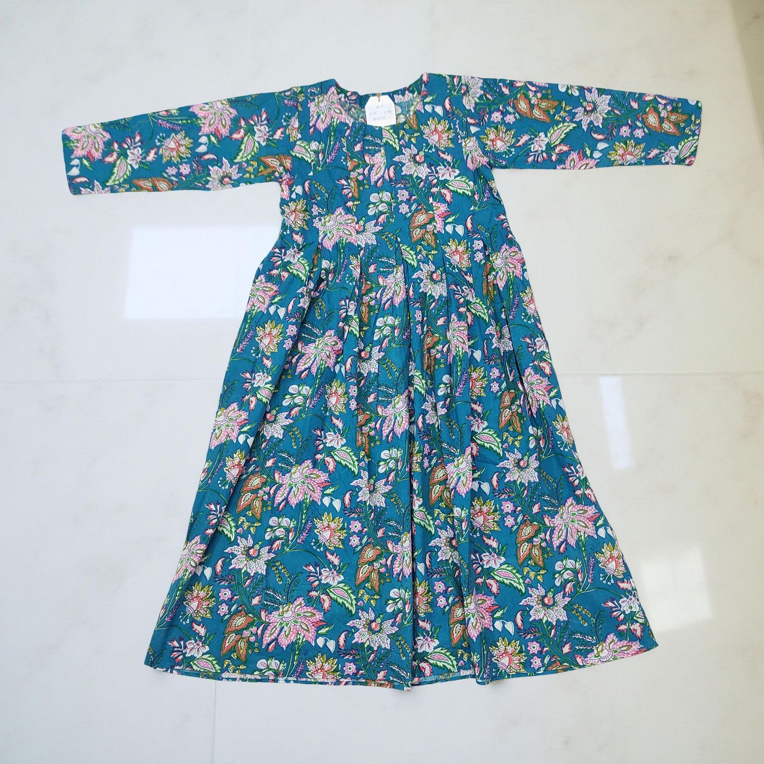 10-11 Year Ruby Blue Printed Cotton Girls Dress 46&quot; Long Jalabiya