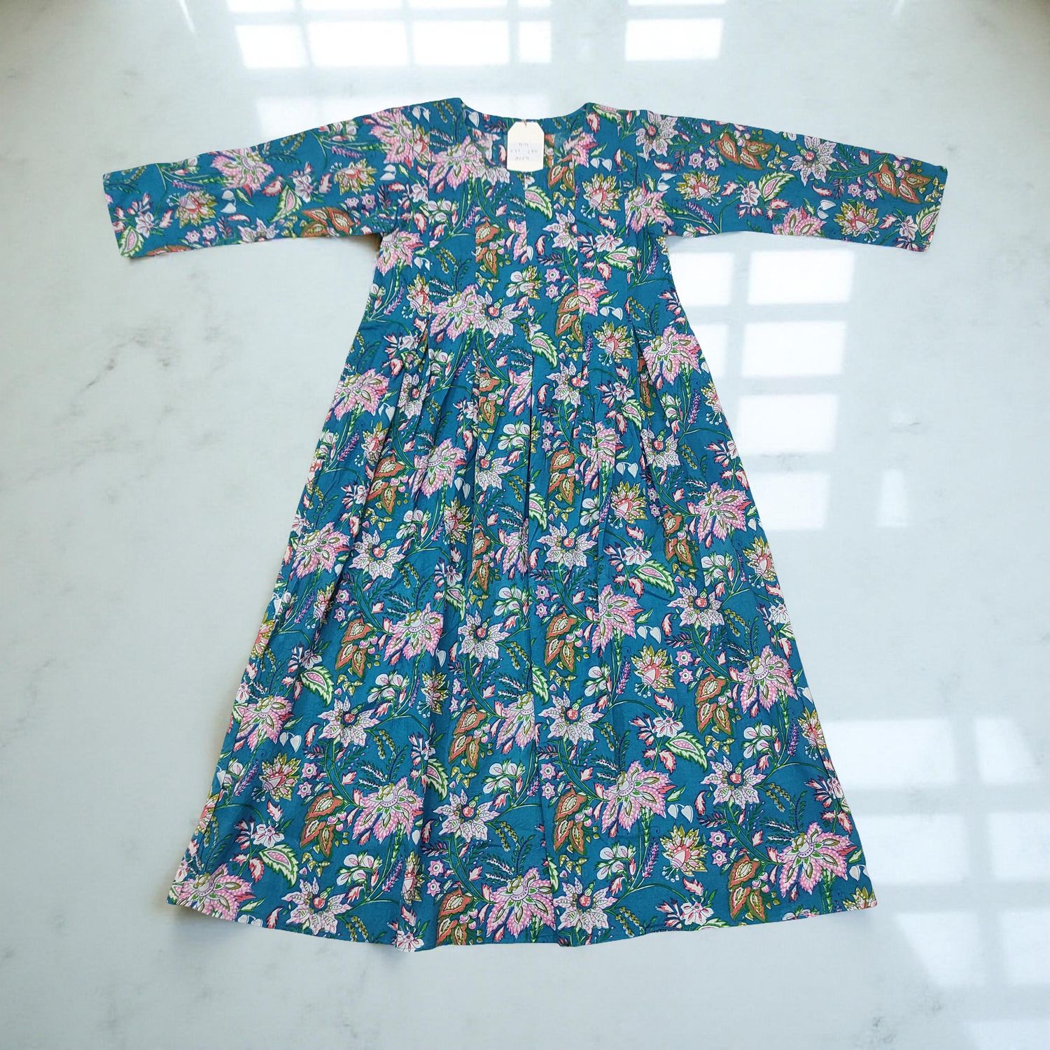 12-13 Year Ruby Blue Printed Cotton Girls Dress 50&quot; Long Jalabiya