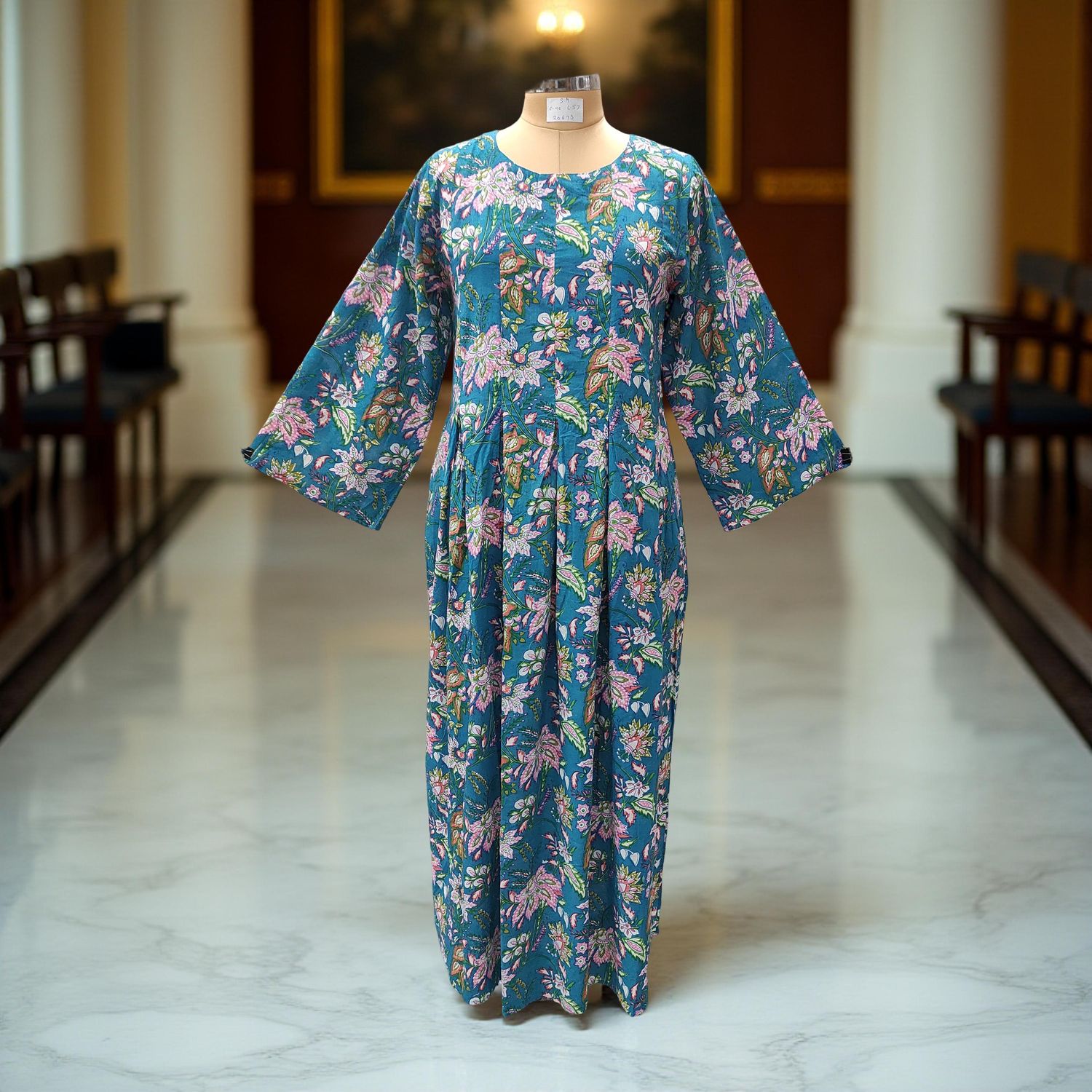 S/M Ruby Blue Printed Cotton Dress 57&quot; Long Jalabiya