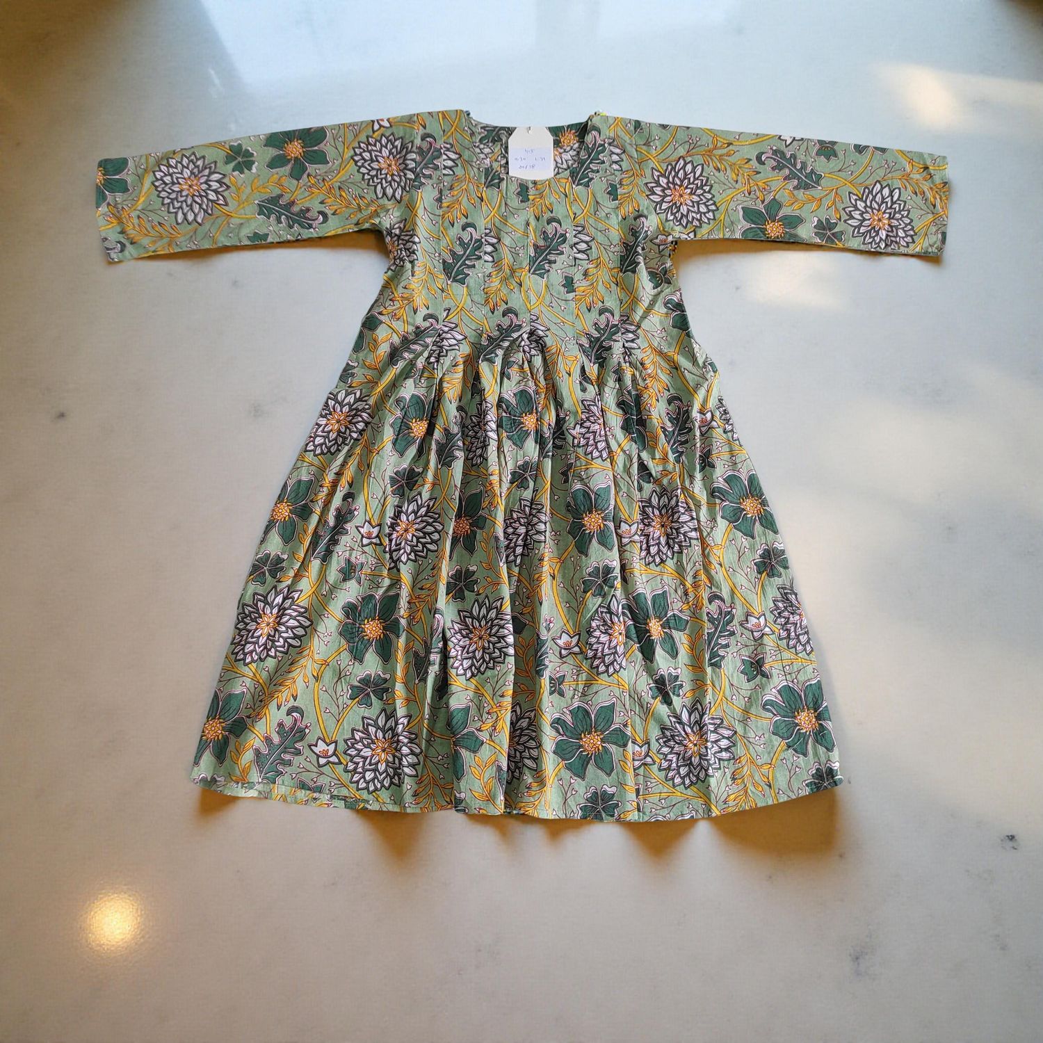 4-5 Year Ruby Green Printed Cotton Girls Dress 34&quot; Long Jalabiya