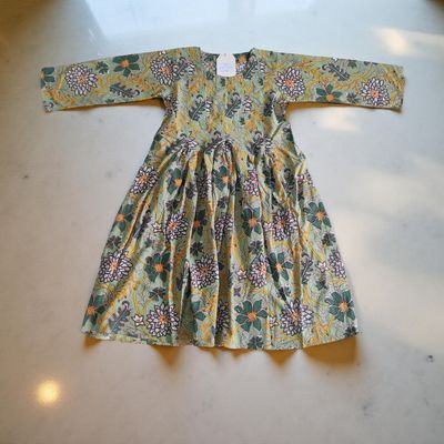 4-5 Year Ruby Green Printed Cotton Girls Dress 34&quot; Long Jalabiya