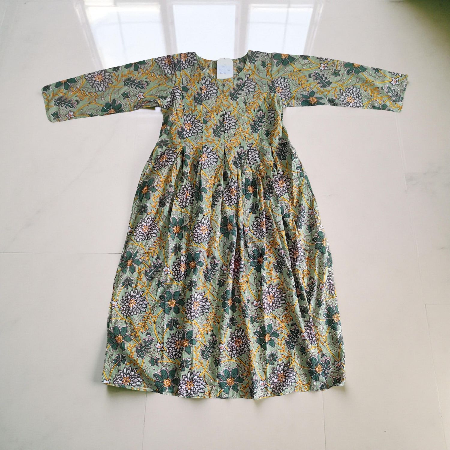 10-11 Year Ruby Green Printed Cotton Girls Dress 46&quot; Long Jalabiya