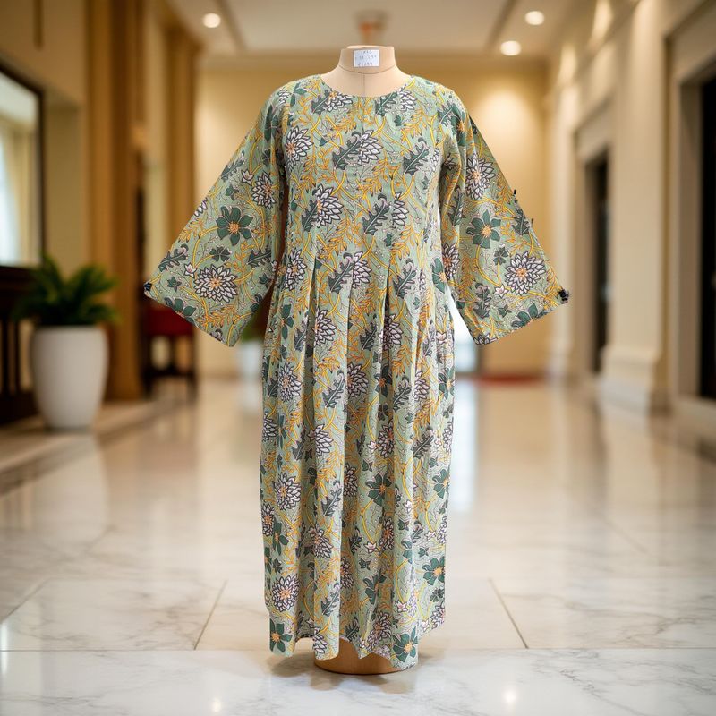 XS/S Ruby Green Printed Cotton Dress 54&quot; Long Jalabiya