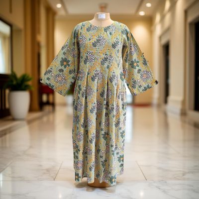 XS/S Ruby Green Printed Cotton Dress 54&quot; Long Jalabiya